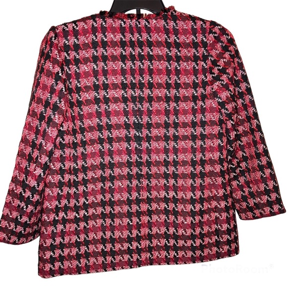 Chico’s Tweed Open Front Pocket Jacket Red Black 1 - Picture 2 of 8